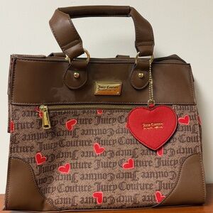 Juicy Couture Brown Canvas & Leather Satchel with Red Heart Charm